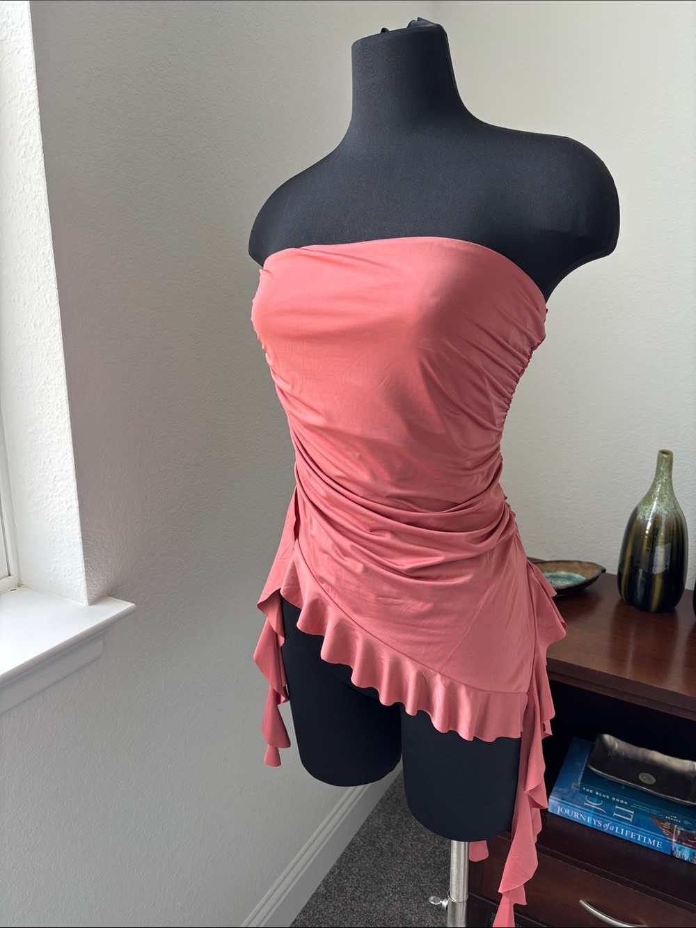 Strapless Ruched Sarong Top in Dusty Coral
